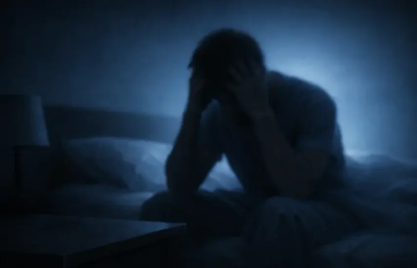 Person sitting on edge of bed at night, head in hands