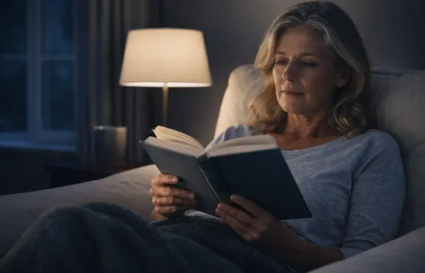 Woman reading in bed at night, unable to sleep