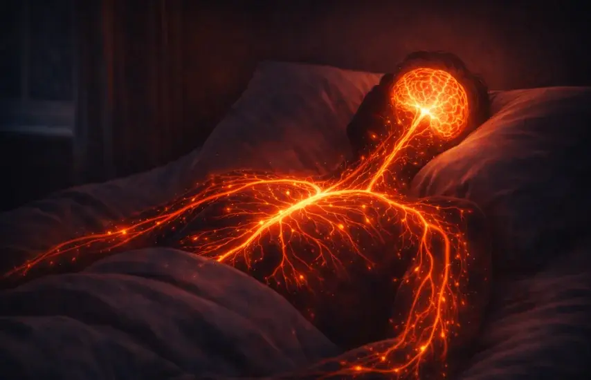 Nervous system visualization showing overactive brain during sleep